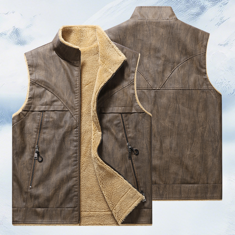 Leather Work Vest For Men - Winter Man Fleece Casual Sleeveless Leather