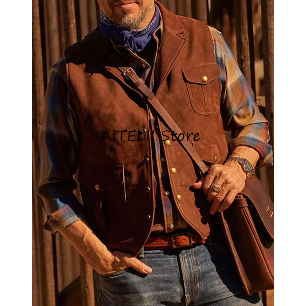 Gilet Men Single-breasted Vest - Leather Work Vest For Men ulasan dan harga